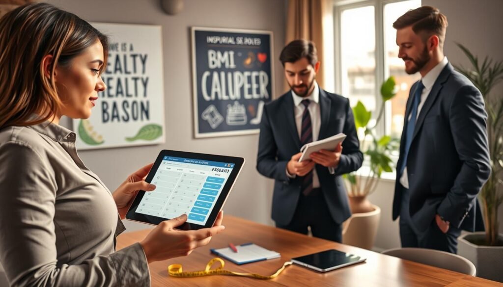 A professional, well-lit office setting featuring a diverse group of three adults engaged in using a BMI calculator on a stylish digital tablet. In the foreground, one person, dressed in smart casual attire, is inputting data into the calculator, while another, in business attire, observes and takes notes. The third individual, in professional attire, stands nearby, offering encouragement. In the middle ground, a stylish desk with health-related materials, including a tape measure and a notepad, adds context. The background shows an inspirational health-themed poster and indoor plants, creating a positive and motivating atmosphere. The image should capture a feeling of collaboration and focus, with warm, natural lighting coming from a nearby window to enhance the inviting environment. A professional, well-lit office setting featuring a diverse group of three adults engaged in using a BMI calculator on a stylish digital tablet. In the foreground, one person, dressed in smart casual attire, is inputting data into the calculator, while another, in business attire, observes and takes notes. The third individual, in professional attire, stands nearby, offering encouragement. In the middle ground, a stylish desk with health-related materials, including a tape measure and a notepad, adds context. The background shows an inspirational health-themed poster and indoor plants, creating a positive and motivating atmosphere. The image should capture a feeling of collaboration and focus, with warm, natural lighting coming from a nearby window to enhance the inviting environment.