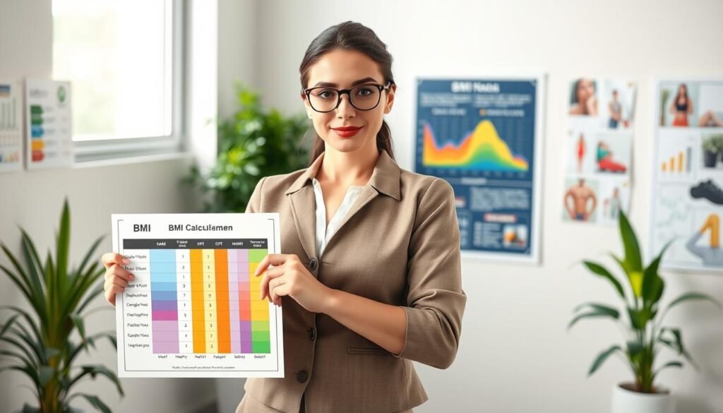A professional woman, in a modest business attire, stands confidently in the foreground, holding a BMI calculation chart, her expression focused and knowledgeable. In the middle ground, a clear presentation of various BMI categories depicted visually through colorful infographics, showing the significance of healthy body weight for women's health. The background features a soft-focus medical office, subtly suggesting a health consulting environment, with charts and healthy lifestyle images on the walls. Natural light softly illuminates the scene, creating a bright and optimistic atmosphere. Use a slightly elevated angle to capture the woman and the informative graphics effectively, fostering an atmosphere of empowerment and education about body mass index for women. A professional woman, in a modest business attire, stands confidently in the foreground, holding a BMI calculation chart, her expression focused and knowledgeable. In the middle ground, a clear presentation of various BMI categories depicted visually through colorful infographics, showing the significance of healthy body weight for women's health. The background features a soft-focus medical office, subtly suggesting a health consulting environment, with charts and healthy lifestyle images on the walls. Natural light softly illuminates the scene, creating a bright and optimistic atmosphere. Use a slightly elevated angle to capture the woman and the informative graphics effectively, fostering an atmosphere of empowerment and education about body mass index for women.