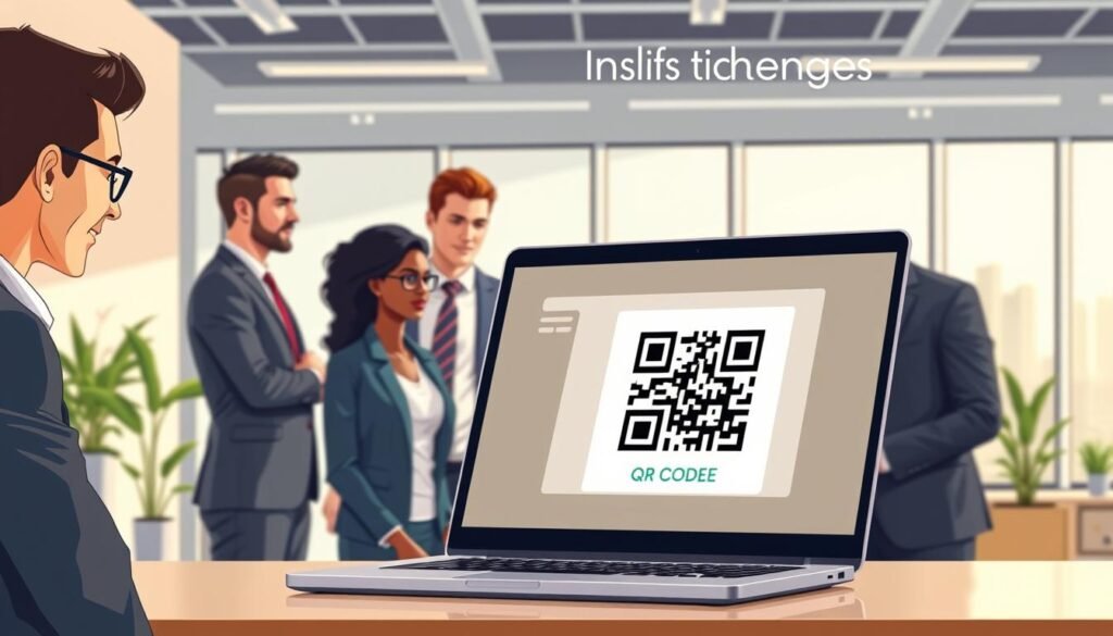 A professional workspace featuring a sleek laptop displaying a QR code generator interface on its screen, symbolizing the ease of creating QR codes for business use. In the foreground, a diverse group of business professionals, dressed in smart casual attire, are engaged in discussion, examining the laptop. In the middle ground, a bright, well-organized office environment with plants and minimalistic decor, conveying a modern and inviting atmosphere. The background includes a large window showcasing a city skyline, filled with natural sunlight. The overall mood is optimistic and collaborative, emphasizing innovation and accessibility in business solutions. Soft lighting enhances the professional yet approachable vibe, inviting viewers to consider the benefits of a free QR code generator for their business needs. A professional workspace featuring a sleek laptop displaying a QR code generator interface on its screen, symbolizing the ease of creating QR codes for business use. In the foreground, a diverse group of business professionals, dressed in smart casual attire, are engaged in discussion, examining the laptop. In the middle ground, a bright, well-organized office environment with plants and minimalistic decor, conveying a modern and inviting atmosphere. The background includes a large window showcasing a city skyline, filled with natural sunlight. The overall mood is optimistic and collaborative, emphasizing innovation and accessibility in business solutions. Soft lighting enhances the professional yet approachable vibe, inviting viewers to consider the benefits of a free QR code generator for their business needs.