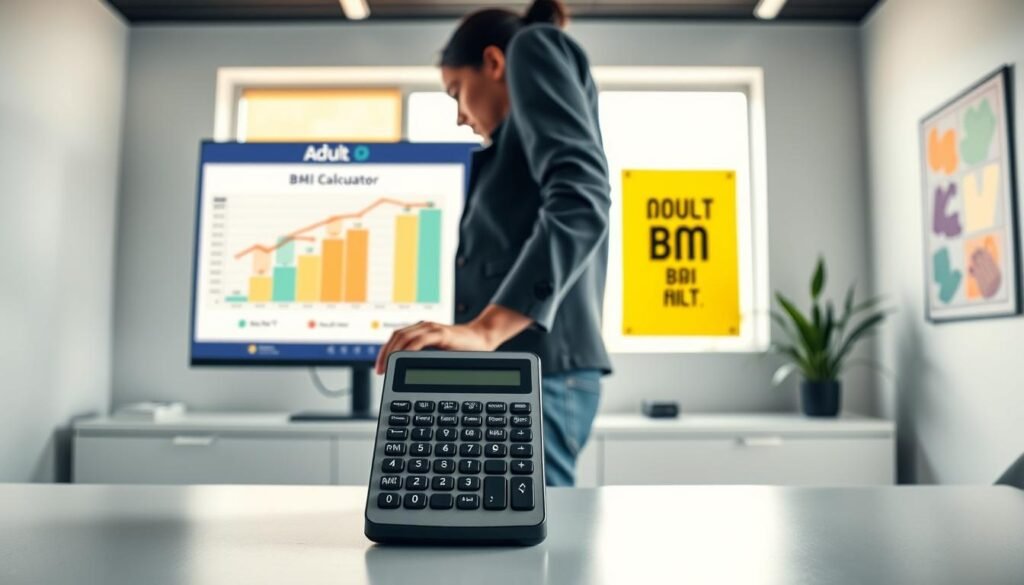 A professionally designed workspace featuring an adult BMI calculator on a sleek desk. In the foreground, focus on a person in smart casual attire, thoughtfully inputting their height and weight into the calculator. The middle layer showcases a large, modern computer screen displaying a clean and colorful BMI chart and instructions. In the background, soft natural light floods the room through a window, highlighting motivational health posters on the walls. The atmosphere is calm and inviting, promoting a sense of empowerment and health awareness. The scene is shot from a slightly elevated angle, capturing both the calculator and the engaged user, creating a clear illustration of how to utilize the adult BMI calculator effectively.
