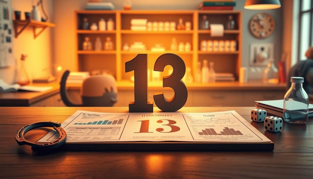 A scientific illustration depicting the number 13 as a focal point, surrounded by symbols of luck and superstition, such as a black cat, horseshoe, and dice. In the foreground, a polished wooden table displays an elegant arrangement of statistical graphs and charts, showcasing data on the perception of the number 13. The middle layer features a soft, glowing light illuminating the number 13 in a bold font, with subtle shadows adding depth. In the background, a blurred image of a traditional scientific laboratory with beakers and notebooks conveys a research atmosphere. The scene should evoke curiosity and intrigue, with warm, inviting colors and soft lighting that enhances the mood of exploration and analysis. A scientific illustration depicting the number 13 as a focal point, surrounded by symbols of luck and superstition, such as a black cat, horseshoe, and dice. In the foreground, a polished wooden table displays an elegant arrangement of statistical graphs and charts, showcasing data on the perception of the number 13. The middle layer features a soft, glowing light illuminating the number 13 in a bold font, with subtle shadows adding depth. In the background, a blurred image of a traditional scientific laboratory with beakers and notebooks conveys a research atmosphere. The scene should evoke curiosity and intrigue, with warm, inviting colors and soft lighting that enhances the mood of exploration and analysis.