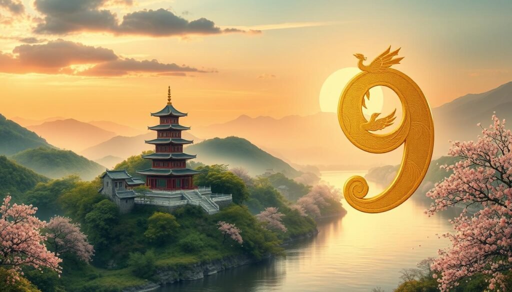 A serene Chinese landscape, featuring a majestic, ancient pagoda nestled among lush green hills, symbolizing traditional Chinese architecture. In the foreground, an ornate golden number 9, adorned with intricate dragon and phoenix motifs, radiates a soft light, symbolizing luck and prosperity. In the middle ground, a winding river reflects the sky, with cherry blossom trees lining its banks, their petals gently falling, adding a sense of tranquility. The background showcases misty mountains illuminated by the warm hues of a setting sun, creating a mystical atmosphere. The scene is captured with a wide-angle lens, soft focus on the distant mountains, and warm, golden lighting that evokes a feeling of peace and reverence for the number 9 in Chinese culture.