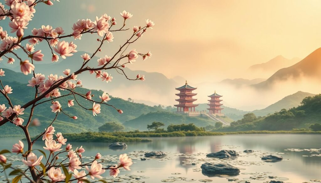 A serene Chinese landscape featuring a prominent and beautifully designed number eight, intricately adorned with traditional motifs such as lotus flowers and bamboo. In the foreground, a soft-focus cherry blossom tree blooms, its delicate petals swirling in a gentle breeze, symbolizing luck and renewal. The middle ground showcases tranquil ponds reflecting the number eight, surrounded by lush green hills and misty mountains, conveying a sense of harmony and balance. In the background, a traditional pagoda peeks through the mist, its red and gold colors enhancing the vibrant atmosphere. Soft, diffused golden lighting bathes the scene, creating a warm and inviting ambiance, with a slight depth of field to emphasize the number eight while the rest of the landscape softly blurs. The overall mood is peaceful and contemplative, celebrating the significance of numbers in Chinese culture. A serene Chinese landscape featuring a prominent and beautifully designed number eight, intricately adorned with traditional motifs such as lotus flowers and bamboo. In the foreground, a soft-focus cherry blossom tree blooms, its delicate petals swirling in a gentle breeze, symbolizing luck and renewal. The middle ground showcases tranquil ponds reflecting the number eight, surrounded by lush green hills and misty mountains, conveying a sense of harmony and balance. In the background, a traditional pagoda peeks through the mist, its red and gold colors enhancing the vibrant atmosphere. Soft, diffused golden lighting bathes the scene, creating a warm and inviting ambiance, with a slight depth of field to emphasize the number eight while the rest of the landscape softly blurs. The overall mood is peaceful and contemplative, celebrating the significance of numbers in Chinese culture.