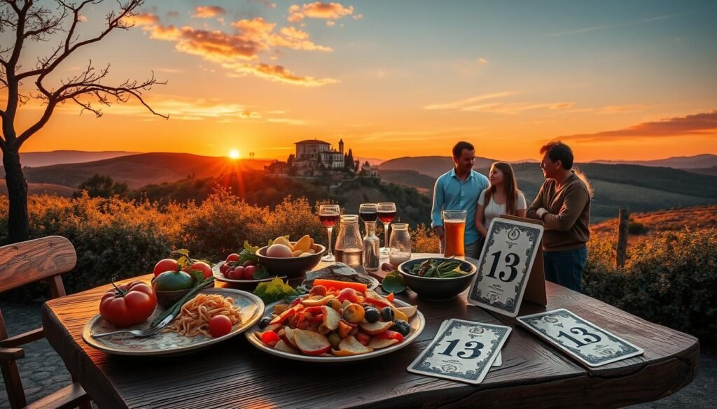A serene Italian landscape at sunset, symbolizing the ancient beliefs surrounding the number 13 as a lucky charm in Italy. In the foreground, a rustic wooden table holds a beautifully arranged meal featuring a traditional Italian dish, with thirteen vibrant ingredients artfully placed. A set of vintage tarot cards, revealing the number 13, adds an air of mystique. In the middle, a group of diverse people dressed in modest, casual clothing engages in a lively discussion, their expressions animated as they share tales of luck and destiny. The background showcases a picturesque Italian villa nestled among rolling hills, bathed in warm, golden light, with the sky transitioning from orange to deep blue, creating an inviting atmosphere infused with cultural heritage.