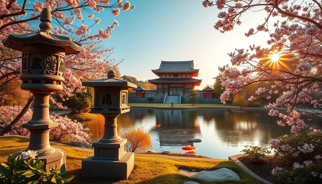 A serene Japanese garden in the foreground, featuring three intricately designed stone lanterns symbolizing the number three, surrounded by blooming cherry blossoms and lush greenery. In the middle ground, a tranquil koi pond reflects the soft light of dawn, with gentle ripples creating a peaceful atmosphere. In the background, a traditional Japanese temple stands majestically against a clear blue sky, embodying the cultural significance of luck in Japan. The lighting is warm and inviting, with soft golden hues illuminating the scene like early morning sunlight. The angle is slightly elevated, offering a panoramic view that evokes tranquility and cultural richness, all while emphasizing the importance of the number three in Japanese tradition.