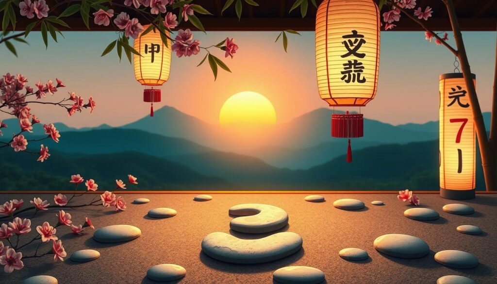 A serene Japanese-inspired scene depicting various numbers, emphasizing their cultural significance. In the foreground, a beautifully arranged Zen garden with smooth pebbles forming the shape of the number three, surrounded by cherry blossoms and bamboo. In the middle ground, traditional paper lanterns glowing softly, each displaying different Japanese characters for numbers like 1, 4, and 7 on delicate rice paper. The background features a tranquil mountain landscape under a setting sun, creating a warm, inviting atmosphere. The lighting is soft and diffused, capturing the peaceful essence of Japanese culture, with a wide-angle perspective to encompass the scene's depth. The overall mood is reflective and harmonious, embodying the complexities of numbers in Japanese tradition.