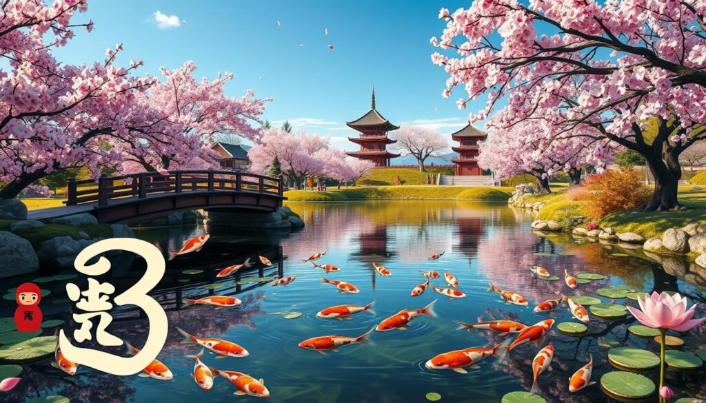 A serene Japanese landscape featuring a traditional wooden bridge and an intricate koi pond filled with gracefully swimming fish. In the foreground, prominently displayed in elegant calligraphy, are the numbers 3 and lucky symbols associated with Japanese culture, such as a small Daruma doll and a plump lotus flower. The middle ground features cherry blossom trees in full bloom, casting soft pink petals that flutter gently in the breeze, while a distant pagoda stands under a clear blue sky. The lighting is soft and warm, reminiscent of late afternoon sunlight, casting gentle shadows and creating a tranquil atmosphere. The overall mood is one of harmony, reflecting the cultural significance of the number 3 in Japanese traditions and beliefs. Use a wide-angle lens to capture the beauty of the scene.