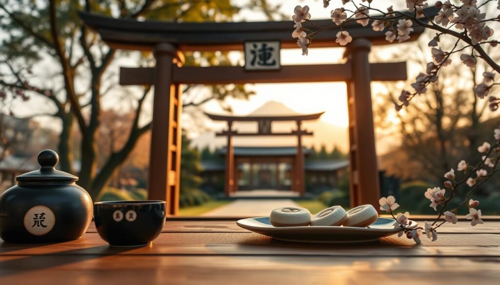A serene Japanese setting showcasing the significance of numbers in culture. In the foreground, beautifully arranged traditional Japanese objects like a black lacquer tea set, a ceramic plate displaying three round rice cakes, and delicate cherry blossoms symbolize harmony and balance. The middle ground features a traditional wooden torii gate subtly adorned with the kanji for 'three' (三), crafted with intricate details. In the background, softly blurred images of a tranquil Japanese garden and a distant mountain create depth. The lighting is warm and inviting, with golden hour sunlight filtering through the trees, casting gentle shadows. The overall mood is peaceful and reflective, inviting viewers to ponder the importance of numbers in Japanese culture. Use a wide-angle lens effect to enhance the expansive feel of the landscape.