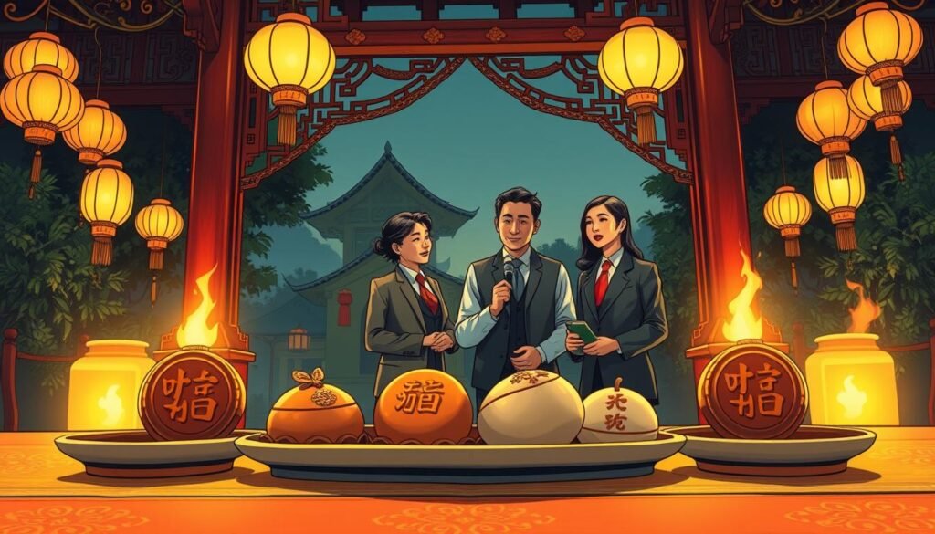 A serene Teochew cultural scene depicting the significance of the number four as a lucky symbol. In the foreground, a beautifully arranged table with four traditional Teochew delicacies, featuring intricate motifs, each symbolizing prosperity and good fortune. The middle ground showcases a group of three individuals in professional attire, engaged in a discussion, with subtle expressions of enthusiasm and contemplation, perhaps sharing stories about the number four’s positive aspects. In the background, soft lanterns hang from a decorated archway, adding warmth to the evening ambience, with gentle firelight illuminating the scene. The lighting is warm and inviting, creating an atmosphere of celebration and curiosity. The scene is viewed from a slightly elevated angle, enhancing the depth and richness of the cultural elements. A serene Teochew cultural scene depicting the significance of the number four as a lucky symbol. In the foreground, a beautifully arranged table with four traditional Teochew delicacies, featuring intricate motifs, each symbolizing prosperity and good fortune. The middle ground showcases a group of three individuals in professional attire, engaged in a discussion, with subtle expressions of enthusiasm and contemplation, perhaps sharing stories about the number four’s positive aspects. In the background, soft lanterns hang from a decorated archway, adding warmth to the evening ambience, with gentle firelight illuminating the scene. The lighting is warm and inviting, creating an atmosphere of celebration and curiosity. The scene is viewed from a slightly elevated angle, enhancing the depth and richness of the cultural elements.