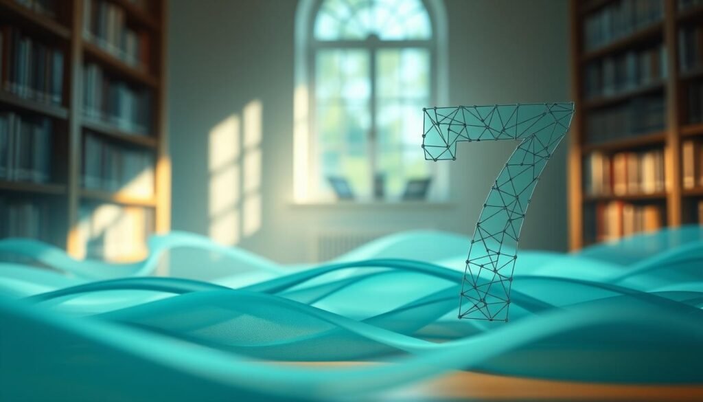 A serene, abstract visualization of the psychology behind the number seven. In the foreground, a large, stylized number seven emerges, crafted from interconnected geometric shapes and patterns that reflect thought processes, symbolizing the brain's affinity for this number. In the middle ground, soft, flowing waves of color in shades of blue and green create a calming atmosphere, representing the cognitive harmony associated with seven. The background features a subtle, blurred library setting, with books on psychology and numerology hinting at the intellectual origins of these concepts. Natural light streams through a nearby window, casting gentle shadows and enhancing the tranquil mood. Use a wide-angle lens to capture depth and bring a sense of introspection to the composition. A serene, abstract visualization of the psychology behind the number seven. In the foreground, a large, stylized number seven emerges, crafted from interconnected geometric shapes and patterns that reflect thought processes, symbolizing the brain's affinity for this number. In the middle ground, soft, flowing waves of color in shades of blue and green create a calming atmosphere, representing the cognitive harmony associated with seven. The background features a subtle, blurred library setting, with books on psychology and numerology hinting at the intellectual origins of these concepts. Natural light streams through a nearby window, casting gentle shadows and enhancing the tranquil mood. Use a wide-angle lens to capture depth and bring a sense of introspection to the composition.