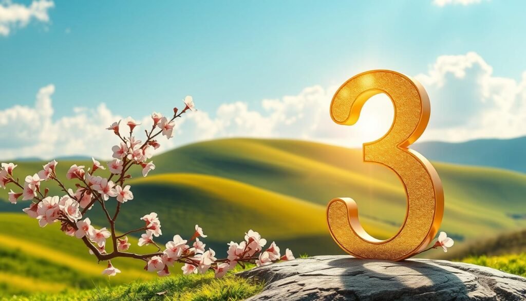 A serene and balanced composition featuring the number three prominently in the foreground, crafted from shimmering gold and surrounded by delicate cherry blossoms, symbolizing beauty and luck. In the middle ground, a harmonious landscape displays three rolling hills, lush green and bathed in warm sunlight, each representing a different aspect of life: mind, body, and spirit. The background showcases a tranquil blue sky with soft, fluffy clouds, adding to the calm atmosphere. The lighting is bright yet soft, creating a magical glow around the number three, emphasizing its significance. The overall mood is uplifting and serene, inviting viewers to ponder the importance of this number in various cultures and beliefs. The scene is composed to evoke a sense of wonder and reflection. A serene and balanced composition featuring the number three prominently in the foreground, crafted from shimmering gold and surrounded by delicate cherry blossoms, symbolizing beauty and luck. In the middle ground, a harmonious landscape displays three rolling hills, lush green and bathed in warm sunlight, each representing a different aspect of life: mind, body, and spirit. The background showcases a tranquil blue sky with soft, fluffy clouds, adding to the calm atmosphere. The lighting is bright yet soft, creating a magical glow around the number three, emphasizing its significance. The overall mood is uplifting and serene, inviting viewers to ponder the importance of this number in various cultures and beliefs. The scene is composed to evoke a sense of wonder and reflection.