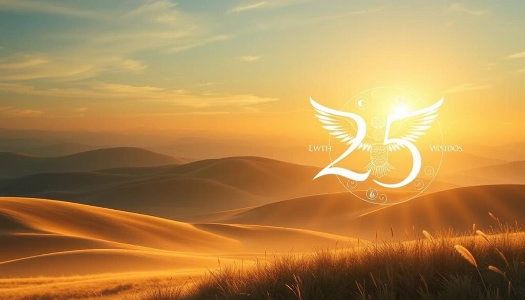 A serene and balanced visual representation of the number 25, emphasizing its numerology significance. In the foreground, feature the number 25 elegantly designed with flowing lines, intertwined with symbols representing intuition (such as an eye), freedom (like wings), and wisdom (a wise owl) elegantly surrounding it. The middle ground should include an ethereal landscape that conveys tranquility, such as soft rolling hills bathed in warm sunlight. The background can depict a gentle sky transitioning from dawn to dusk, symbolizing transformation and enlightenment. Use warm lighting to create a peaceful atmosphere, and maintain a cinematic angle to draw the viewer's eye toward the number 25. Overall, the mood should be inspiring, reflecting growth and insight.