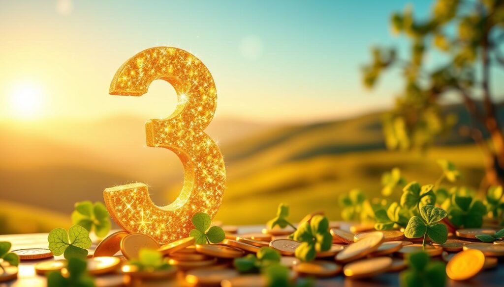 A serene and captivating image representing the concept of the number three as a lucky number. In the foreground, place a sparkling, golden number "3" surrounded by a gentle glow. Scattered around it are vibrant four-leaf clovers and shimmering coins, symbolizing luck. In the middle ground, include a softly blurred depiction of a dreamy landscape, perhaps with rolling hills and a clear blue sky. The background features a sunset casting a warm golden light, enhancing the sense of fortune. The atmosphere is positive and whimsical, evoking a feeling of hope and promise. Use soft, diffused lighting for a magical effect, capturing the dual role of number three as both a symbol of luck and a mystical element in various cultures.