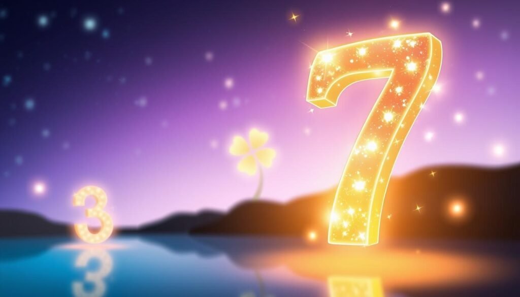 A serene and captivating visualization of the "lucky numbers" concept. In the foreground, a large, glowing number seven, adorned with sparkling stars, radiates a warm golden hue, symbolizing luck and prosperity. Surrounding it are other numbers like three and eight, floating gently, each surrounded by colorful light orbs. In the middle ground, a soft, blurred representation of a mystical symbol, like a four-leaf clover, enhances the lucky theme. The background features a dreamy gradient sky transitioning from deep blue to soft lavender, dotted with twinkling stars. The lighting is ethereal, casting a gentle glow that creates a magical atmosphere, inviting viewers to ponder the origins and significance of lucky numbers. The image should evoke feelings of hope and wonder, with no text or people included.