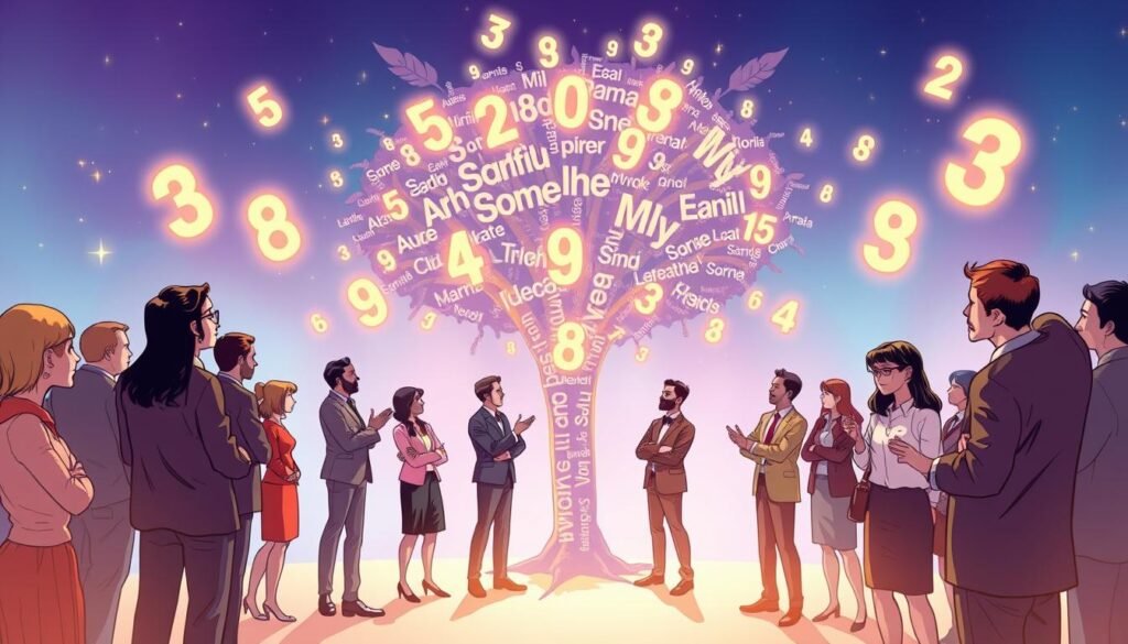 A serene and colorful illustration representing the connection between names and lucky numbers. In the foreground, a diverse group of individuals, dressed in professional business attire, are seen engaging in a lively discussion, each surrounded by glowing numbers that float in the air, symbolizing their personal lucky numbers. In the middle ground, an ethereal tree made of names branches out, with each leaf shaped like a number, emphasizing the relationship between identity and luck. The background is a dreamy gradient of blue and purple hues, with soft sparkles to evoke a mystical atmosphere. The lighting is warm and inviting, casting gentle shadows to create depth and a sense of wonder, shot from a slightly elevated angle to capture the lively scene below.