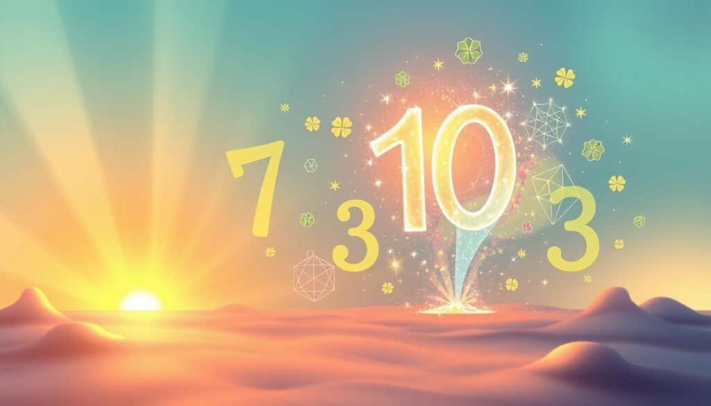A serene and colorful illustration showcasing the concept of "lucky numbers" in an abstract yet meaningful way. In the foreground, an ethereal, glowing number 10 stands prominently, surrounded by vibrant sparkles and symbols like horseshoes and four-leaf clovers, representing luck. In the middle ground, various other numbers, like 7 and 3, are artistically intertwined with geometric shapes and patterns, suggesting mystical connections. The background features a soft gradient of blue and gold hues, creating a calm and inviting atmosphere, emphasized by gentle rays of light filtering in, reminiscent of a sunrise. The overall mood should inspire curiosity and wonder about the significance of lucky numbers, drawing viewers into the image. A serene and colorful illustration showcasing the concept of "lucky numbers" in an abstract yet meaningful way. In the foreground, an ethereal, glowing number 10 stands prominently, surrounded by vibrant sparkles and symbols like horseshoes and four-leaf clovers, representing luck. In the middle ground, various other numbers, like 7 and 3, are artistically intertwined with geometric shapes and patterns, suggesting mystical connections. The background features a soft gradient of blue and gold hues, creating a calm and inviting atmosphere, emphasized by gentle rays of light filtering in, reminiscent of a sunrise. The overall mood should inspire curiosity and wonder about the significance of lucky numbers, drawing viewers into the image.