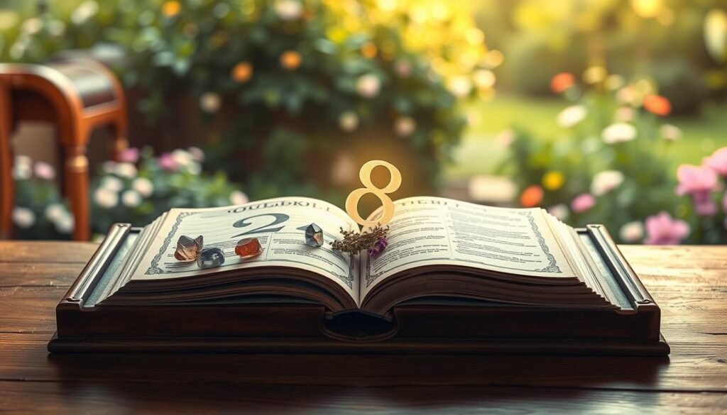 A serene and contemplative scene depicting the number 28 in numerology. In the foreground, an elegant wooden table holds an open ancient book with beautiful illustrations of the digits 2 and 8, surrounded by crystals and herbs symbolizing balance and intuition. The middle layer features a soft, ethereal glow emanating from the digits, highlighting their meanings. The background consists of a softly blurred, tranquil garden filled with lush greenery and blooming flowers, symbolizing growth and prosperity. The lighting is warm and inviting, suggesting a calm atmosphere. The angle is slightly elevated, offering a sweeping view of the entire composition, encouraging reflection and deeper understanding of the energy associated with the number 28. A serene and contemplative scene depicting the number 28 in numerology. In the foreground, an elegant wooden table holds an open ancient book with beautiful illustrations of the digits 2 and 8, surrounded by crystals and herbs symbolizing balance and intuition. The middle layer features a soft, ethereal glow emanating from the digits, highlighting their meanings. The background consists of a softly blurred, tranquil garden filled with lush greenery and blooming flowers, symbolizing growth and prosperity. The lighting is warm and inviting, suggesting a calm atmosphere. The angle is slightly elevated, offering a sweeping view of the entire composition, encouraging reflection and deeper understanding of the energy associated with the number 28.