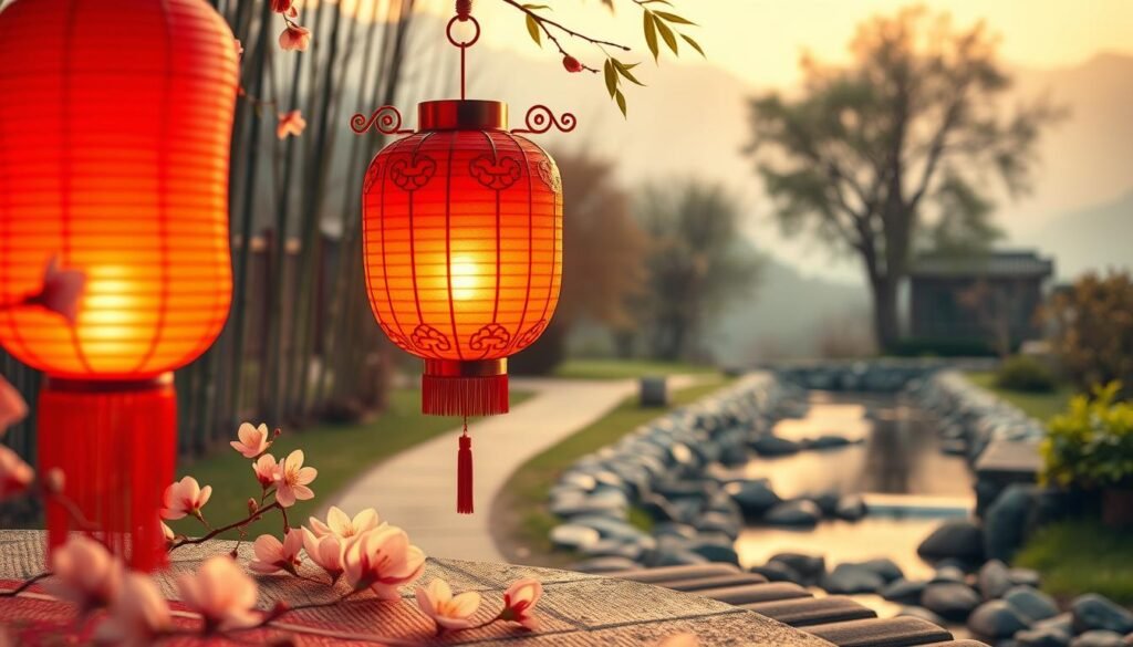 A serene and contemplative scene featuring the number 7 artistically integrated into traditional Chinese elements. In the foreground, an ornate red lantern shaped like the number 7 casts a warm, inviting glow. Surrounding it are seven delicate cherry blossom petals that symbolize beauty and renewal. In the middle ground, a peaceful garden path lined with bamboo trees and small stones leads to a gently flowing stream, reflecting the harmony of nature. In the background, a soft, misty mountain range suggests tranquility and balance. The scene is bathed in soft golden hour lighting, creating a dreamy and thoughtful atmosphere, ideal for conveying the mixed significance of the number 7 in Chinese culture. The composition should be captured with a shallow depth of field, focusing on the lantern, while the background softly blurs for added depth.