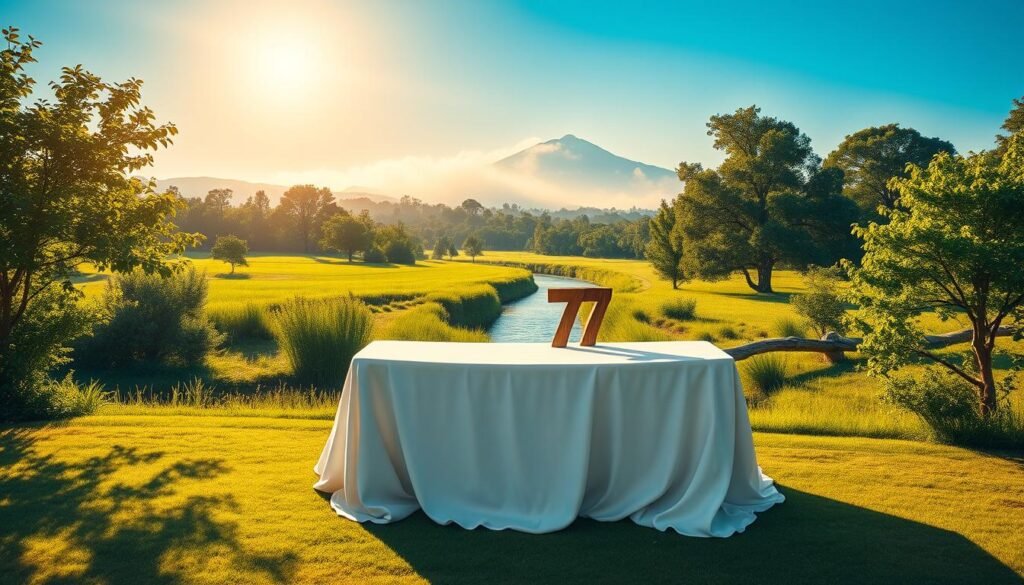 A serene and contemplative scene that symbolizes the significance of the number 77, featuring a lush green landscape under a vibrant blue sky. In the foreground, prominently display a large, elegant wooden table draped with a white cloth, where a pair of small, beautifully crafted wooden figures, each representing the number 7, sit side by side, highlighted by soft, golden sunlight. Surrounding the table, soft shadows from nearby trees create a tranquil atmosphere. In the middle ground, a calming stream gently flows, reflecting the light and adding to the peaceful mood. The background reveals a distant mountain range, shrouded in mist, emphasizing a sense of mystery and depth. The overall lighting is warm and inviting, creating an uplifting and positive aura that encapsulates the essence of luck and understanding. A serene and contemplative scene that symbolizes the significance of the number 77, featuring a lush green landscape under a vibrant blue sky. In the foreground, prominently display a large, elegant wooden table draped with a white cloth, where a pair of small, beautifully crafted wooden figures, each representing the number 7, sit side by side, highlighted by soft, golden sunlight. Surrounding the table, soft shadows from nearby trees create a tranquil atmosphere. In the middle ground, a calming stream gently flows, reflecting the light and adding to the peaceful mood. The background reveals a distant mountain range, shrouded in mist, emphasizing a sense of mystery and depth. The overall lighting is warm and inviting, creating an uplifting and positive aura that encapsulates the essence of luck and understanding.