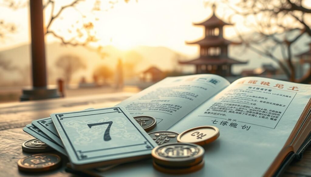 A serene and culturally rich scene illustrating the significance of the number 7 in Mandarin and Cantonese culture. In the foreground, titled tarot cards featuring the number 7 in elegant Chinese calligraphy, surrounded by a delicate arrangement of traditional Chinese coins symbolizing wealth and luck. In the middle ground, an open book displays linguistic elements, with pronunciation guides for "qi" in Mandarin and "chat" in Cantonese, artistically highlighted. The background showcases a tranquil temple or pagoda, illuminated by soft golden sunlight during dawn, casting gentle shadows. The atmosphere is calm and reflective, embodying a sense of wisdom and cultural depth, captured with a shallow depth of field to emphasize the foreground elements, using a warm color palette to evoke positivity and connection to Chinese heritage.