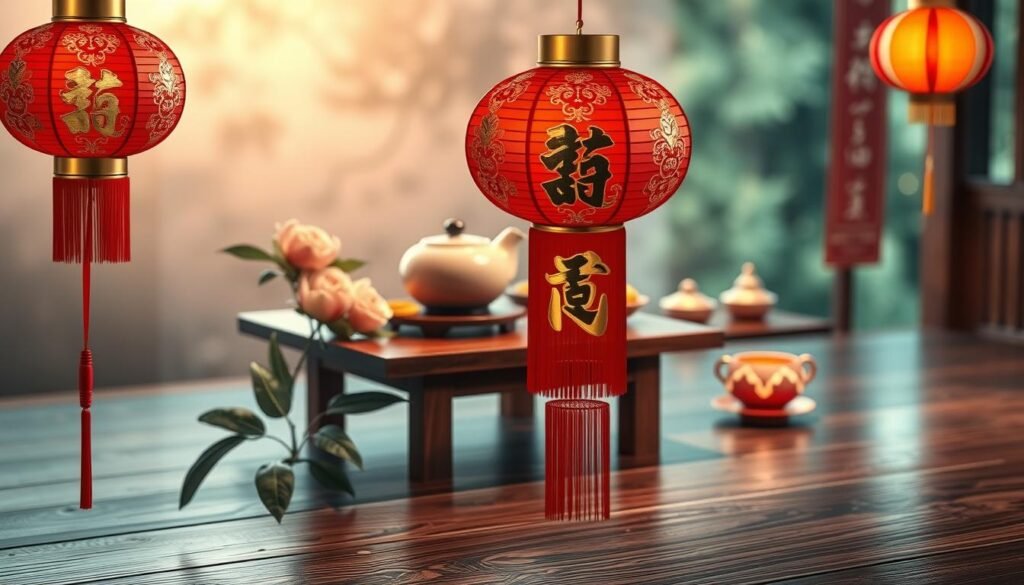 A serene and culturally rich scene illustrating the significance of the number two in Chinese culture. In the foreground, elegantly displayed are two red Chinese lanterns symbolizing good luck, adorned with intricate gold patterns. The middle ground features a traditional wooden table set with auspicious decorations, such as a pair of lucky gold coins and blooming peonies, representing love and prosperity. In the background, a softly lit tea ceremony is taking place, with a gentle and peaceful ambiance enhanced by warm lighting and a slight bokeh effect. The scene conveys a harmonious and celebratory mood, reflecting the cultural belief in the luck associated with the number two, all captured from a slightly elevated angle to provide depth and focus on the elements of good fortune.