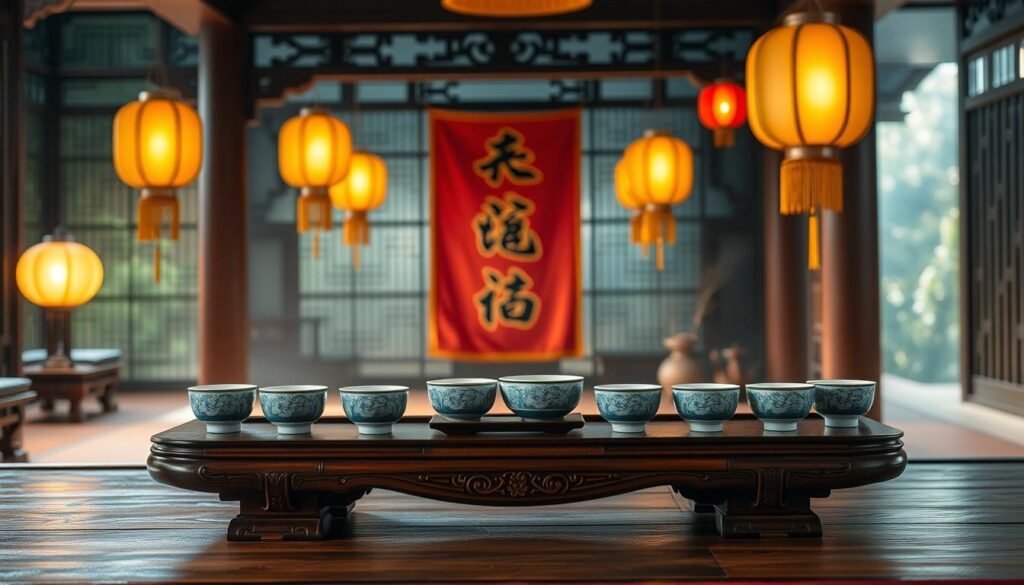A serene and culturally rich scene that illustrates the significance of the number 12 in Chinese culture. In the foreground, a beautifully crafted wooden table displays a traditional Chinese tea set, with twelve intricately designed ceramic cups arranged symmetrically, symbolizing harmony and luck. The middle ground features a vibrant red and gold silk cloth, signifying wealth and prosperity, upon which delicate Chinese calligraphy of the word "lucky" is elegantly brushed. In the background, softly glowing lanterns hang from a wooden beam, casting a warm, inviting light throughout the scene. The atmosphere is peaceful and contemplative, inviting the viewer to appreciate the beauty and symbolism of the number 12 in this cultural context. The image should evoke a sense of curiosity and reverence, focusing on subtle details and harmonious composition. A serene and culturally rich scene that illustrates the significance of the number 12 in Chinese culture. In the foreground, a beautifully crafted wooden table displays a traditional Chinese tea set, with twelve intricately designed ceramic cups arranged symmetrically, symbolizing harmony and luck. The middle ground features a vibrant red and gold silk cloth, signifying wealth and prosperity, upon which delicate Chinese calligraphy of the word "lucky" is elegantly brushed. In the background, softly glowing lanterns hang from a wooden beam, casting a warm, inviting light throughout the scene. The atmosphere is peaceful and contemplative, inviting the viewer to appreciate the beauty and symbolism of the number 12 in this cultural context. The image should evoke a sense of curiosity and reverence, focusing on subtle details and harmonious composition.