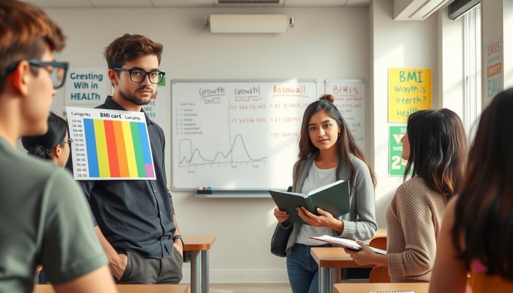 A serene and educational scene depicting diverse teenage students in a well-lit classroom setting, engaged in discussing BMI and growth. In the foreground, a male student with glasses points at a colorful chart displaying various BMI categories, while a female student takes notes, both dressed in smart casual clothing. In the middle ground, a teacher stands next to a whiteboard filled with BMI calculations, emphasizing growth and health concepts. The background features motivational posters about health and wellness. Soft, natural lighting illuminates the scene, creating an inviting and informative atmosphere. The camera angle is slightly above eye level, giving a sense of perspective and engagement, inviting viewers to feel the excitement of learning about personal health. A serene and educational scene depicting diverse teenage students in a well-lit classroom setting, engaged in discussing BMI and growth. In the foreground, a male student with glasses points at a colorful chart displaying various BMI categories, while a female student takes notes, both dressed in smart casual clothing. In the middle ground, a teacher stands next to a whiteboard filled with BMI calculations, emphasizing growth and health concepts. The background features motivational posters about health and wellness. Soft, natural lighting illuminates the scene, creating an inviting and informative atmosphere. The camera angle is slightly above eye level, giving a sense of perspective and engagement, inviting viewers to feel the excitement of learning about personal health.