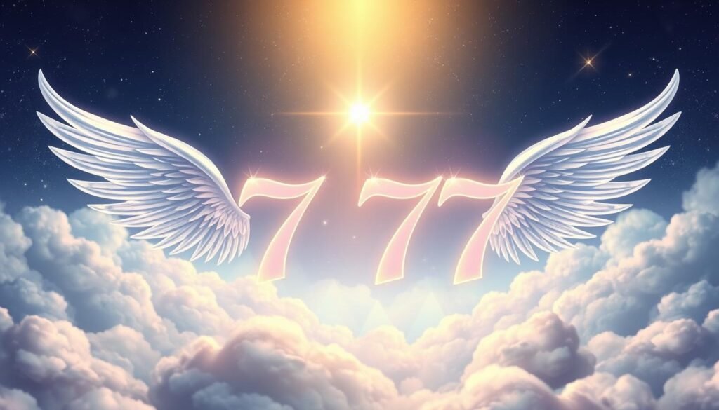 A serene and enchanting illustration depicting the spiritual significance of the angel number 7777 in numerology. In the foreground, a beautifully designed number "7777" glows with a celestial light, surrounded by delicate, ethereal wings suggesting angelic presence. The middle ground features soft, swirling clouds that blend into a gradient of calming blues and purples, creating a mystical atmosphere. In the background, a starry night sky twinkles with stars, symbolizing guidance and enlightenment. The scene is illuminated with gentle, divine light, casting a tranquil aura. The image conveys a sense of peace and introspection, inviting viewers to reflect on the special meaning behind the number 7777. Aim for a dreamlike quality with soft focus and warm illumination, evoking feelings of hope and serenity. A serene and enchanting illustration depicting the spiritual significance of the angel number 7777 in numerology. In the foreground, a beautifully designed number "7777" glows with a celestial light, surrounded by delicate, ethereal wings suggesting angelic presence. The middle ground features soft, swirling clouds that blend into a gradient of calming blues and purples, creating a mystical atmosphere. In the background, a starry night sky twinkles with stars, symbolizing guidance and enlightenment. The scene is illuminated with gentle, divine light, casting a tranquil aura. The image conveys a sense of peace and introspection, inviting viewers to reflect on the special meaning behind the number 7777. Aim for a dreamlike quality with soft focus and warm illumination, evoking feelings of hope and serenity.