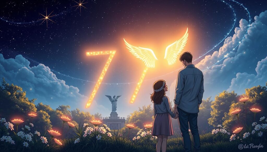 A serene and enchanting nighttime scene under a starry sky, featuring the number "777" illuminated softly in glowing angelic light. In the foreground, a couple stands hand-in-hand, wearing modest casual clothing, gazing at the number with expressions of love and hope. The middle layer reveals a lush garden adorned with sparkling fairy lights and delicate flowers, symbolizing romance and growth. In the background, gentle ethereal clouds swirl amidst a celestial backdrop, with faint silhouettes of angels gracefully watching over the scene. The atmosphere is magical and uplifting, with a warm, inviting glow emanating from the number and surrounding elements. The overall mood conveys a deep sense of love, harmony, and spiritual guidance. Bright, soft lighting enhances the dreamy quality of the image, captured from a slightly elevated angle to encompass the magical landscape. A serene and enchanting nighttime scene under a starry sky, featuring the number "777" illuminated softly in glowing angelic light. In the foreground, a couple stands hand-in-hand, wearing modest casual clothing, gazing at the number with expressions of love and hope. The middle layer reveals a lush garden adorned with sparkling fairy lights and delicate flowers, symbolizing romance and growth. In the background, gentle ethereal clouds swirl amidst a celestial backdrop, with faint silhouettes of angels gracefully watching over the scene. The atmosphere is magical and uplifting, with a warm, inviting glow emanating from the number and surrounding elements. The overall mood conveys a deep sense of love, harmony, and spiritual guidance. Bright, soft lighting enhances the dreamy quality of the image, captured from a slightly elevated angle to encompass the magical landscape.