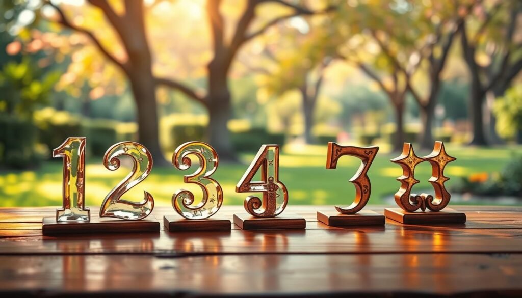 A serene and enchanting scene depicting the concept of a "lucky number," focusing on an ornate, vintage wooden table in the foreground. On the table, a set of various numbers in elegant calligraphy made from different materials—glossy crystal, aged brass, and polished wood—each one illuminated softly by warm, ambient light. In the middle ground, a colorful, abstract background featuring subtle motifs of fortune—like four-leaf clovers, horseshoes, and stars—blends harmoniously. The lighting is soft and warm, creating an inviting and uplifting atmosphere. In the background, a blurred park with vibrant greenery and gentle sunlight filtering through the trees adds depth, suggesting a connection to nature and everyday life. The overall mood is hopeful and reflective, evoking a sense of positivity and fortune without distractions or text. A serene and enchanting scene depicting the concept of a "lucky number," focusing on an ornate, vintage wooden table in the foreground. On the table, a set of various numbers in elegant calligraphy made from different materials—glossy crystal, aged brass, and polished wood—each one illuminated softly by warm, ambient light. In the middle ground, a colorful, abstract background featuring subtle motifs of fortune—like four-leaf clovers, horseshoes, and stars—blends harmoniously. The lighting is soft and warm, creating an inviting and uplifting atmosphere. In the background, a blurred park with vibrant greenery and gentle sunlight filtering through the trees adds depth, suggesting a connection to nature and everyday life. The overall mood is hopeful and reflective, evoking a sense of positivity and fortune without distractions or text.