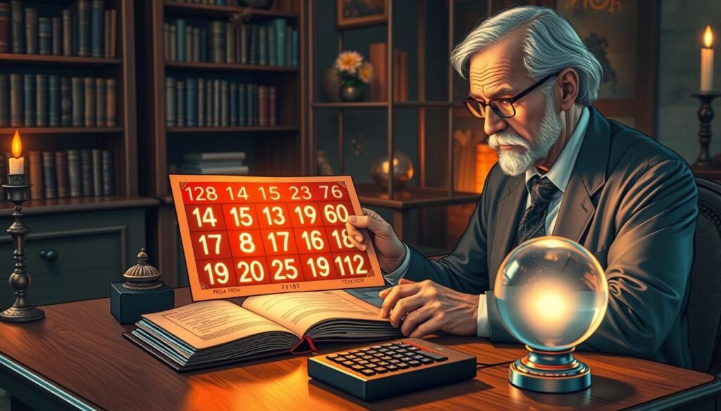 A serene and enchanting scene depicting the concept of finding one's lucky number using a date of birth. In the foreground, a wise, older figure in professional attire carefully examines a mystical number chart adorned with vibrant, glowing numbers. Their expression is thoughtful, illuminated by soft, warm lighting that suggests a sense of discovery. In the middle ground, an elegant wooden table holds an open journal with astrological symbols, a vintage calculator, and a glowing crystal ball emanating a soft light. The background features a cozy study with shelves filled with books, a gently flickering candle, and celestial decorations, creating a magical atmosphere. The overall mood is inviting and inspiring, capturing the essence of personal growth and exploration in the pursuit of one's lucky number. A serene and enchanting scene depicting the concept of finding one's lucky number using a date of birth. In the foreground, a wise, older figure in professional attire carefully examines a mystical number chart adorned with vibrant, glowing numbers. Their expression is thoughtful, illuminated by soft, warm lighting that suggests a sense of discovery. In the middle ground, an elegant wooden table holds an open journal with astrological symbols, a vintage calculator, and a glowing crystal ball emanating a soft light. The background features a cozy study with shelves filled with books, a gently flickering candle, and celestial decorations, creating a magical atmosphere. The overall mood is inviting and inspiring, capturing the essence of personal growth and exploration in the pursuit of one's lucky number.