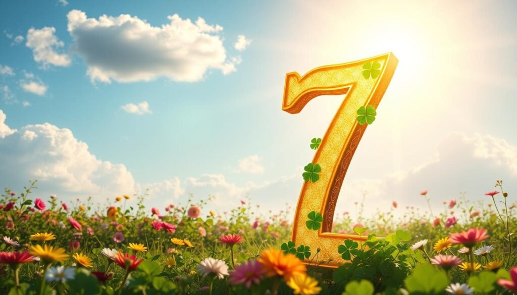 A serene and enchanting scene depicting the number seven as a symbol of luck. In the foreground, a large, luminous number seven made of shimmering gold, adorned with intricate patterns and surrounded by green four-leaf clovers, glows softly. In the middle ground, a peaceful garden filled with a variety of colorful flowers, enhancing the lively yet tranquil mood. In the background, a clear blue sky with soft, fluffy clouds and a radiant sun casting warm rays, creating a comforting atmosphere. The lighting is soft and inviting, evoking feelings of hope and positivity. The perspective is slightly angled upward, accentuating the grandeur of the number and its significance. The overall composition radiates a sense of good fortune and charm. A serene and enchanting scene depicting the number seven as a symbol of luck. In the foreground, a large, luminous number seven made of shimmering gold, adorned with intricate patterns and surrounded by green four-leaf clovers, glows softly. In the middle ground, a peaceful garden filled with a variety of colorful flowers, enhancing the lively yet tranquil mood. In the background, a clear blue sky with soft, fluffy clouds and a radiant sun casting warm rays, creating a comforting atmosphere. The lighting is soft and inviting, evoking feelings of hope and positivity. The perspective is slightly angled upward, accentuating the grandeur of the number and its significance. The overall composition radiates a sense of good fortune and charm.