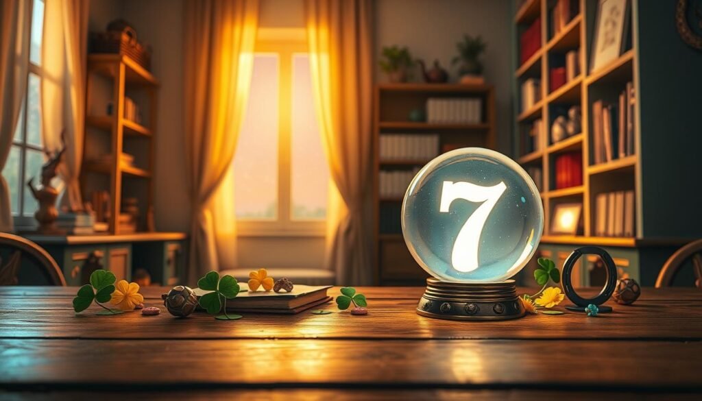A serene and enchanting scene illustrating the concept of luck associated with the number seven. In the foreground, a polished wooden table displays a glowing crystal orb with a prominent number 7 engraved on it, radiating a gentle light. Surrounding the orb are vibrant, colorful symbols of luck, like four-leaf clovers and horseshoes, arranged artistically. In the middle ground, a well-lit, cozy room filled with soft golden light creates an inviting atmosphere, featuring shelves adorned with books and cultural artifacts that signify global beliefs about luck. The background shows a window with curtains gently swaying, revealing a twilight sky dotted with stars, emphasizing a mystical vibe. The perspective is captured from a slightly elevated angle, creating a sense of wonder and curiosity about the significance of the number seven. A serene and enchanting scene illustrating the concept of luck associated with the number seven. In the foreground, a polished wooden table displays a glowing crystal orb with a prominent number 7 engraved on it, radiating a gentle light. Surrounding the orb are vibrant, colorful symbols of luck, like four-leaf clovers and horseshoes, arranged artistically. In the middle ground, a well-lit, cozy room filled with soft golden light creates an inviting atmosphere, featuring shelves adorned with books and cultural artifacts that signify global beliefs about luck. The background shows a window with curtains gently swaying, revealing a twilight sky dotted with stars, emphasizing a mystical vibe. The perspective is captured from a slightly elevated angle, creating a sense of wonder and curiosity about the significance of the number seven.