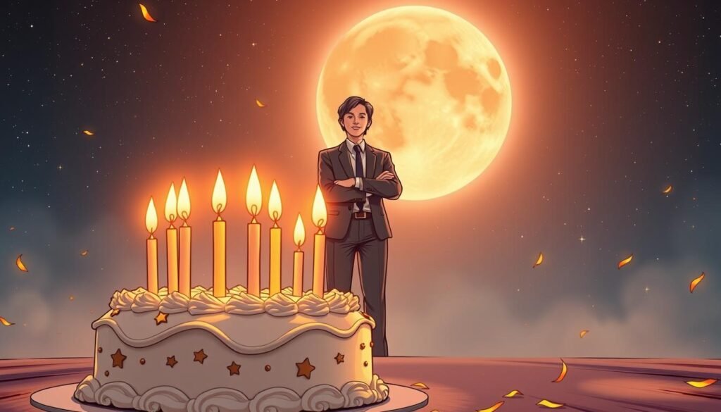 A serene and enchanting scene representing the significance of the number 18. In the foreground, a beautifully designed birthday cake with 18 glowing candles, surrounded by stars and delicate golden confetti. In the middle ground, a young adult, dressed in professional attire, stands gracefully with a joyful expression, symbolizing celebration and optimism. Behind them, a dreamy night sky with a large, luminous moon enhances the magical atmosphere, while subtle twinkling stars reflect the concept of luck. The image has warm, inviting lighting that casts a soft glow on the subjects, focusing on the cake and the individual. The angle is slightly tilted upward to capture the grandeur of the night sky, emphasizing a sense of wonder and possibility associated with being born on the 18th. A serene and enchanting scene representing the significance of the number 18. In the foreground, a beautifully designed birthday cake with 18 glowing candles, surrounded by stars and delicate golden confetti. In the middle ground, a young adult, dressed in professional attire, stands gracefully with a joyful expression, symbolizing celebration and optimism. Behind them, a dreamy night sky with a large, luminous moon enhances the magical atmosphere, while subtle twinkling stars reflect the concept of luck. The image has warm, inviting lighting that casts a soft glow on the subjects, focusing on the cake and the individual. The angle is slightly tilted upward to capture the grandeur of the night sky, emphasizing a sense of wonder and possibility associated with being born on the 18th.