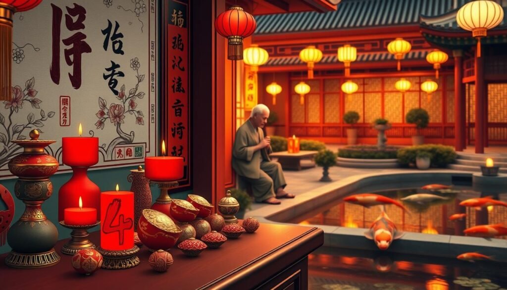 A serene and enlightening scene depicting the significance of numbers in Chinese culture. In the foreground, a beautifully arranged display of traditional Chinese objects such as red candles and lucky charms, featuring the number four, illustrated in vibrant colors. In the middle ground, a wise elderly figure, dressed in elegant and modest traditional attire, contemplatively examines a decorative wall adorned with intricate calligraphy representing significant numbers like eight and nine. In the background, a peaceful Chinese garden with authentic lanterns and a calm koi pond, bathed in soft golden light, creating a warm, inviting atmosphere. The scene is captured from a slightly elevated angle to emphasize the layering of elements, with gentle bokeh effects to highlight the foreground. The overall mood conveys a sense of reverence and exploration of cultural heritage. A serene and enlightening scene depicting the significance of numbers in Chinese culture. In the foreground, a beautifully arranged display of traditional Chinese objects such as red candles and lucky charms, featuring the number four, illustrated in vibrant colors. In the middle ground, a wise elderly figure, dressed in elegant and modest traditional attire, contemplatively examines a decorative wall adorned with intricate calligraphy representing significant numbers like eight and nine. In the background, a peaceful Chinese garden with authentic lanterns and a calm koi pond, bathed in soft golden light, creating a warm, inviting atmosphere. The scene is captured from a slightly elevated angle to emphasize the layering of elements, with gentle bokeh effects to highlight the foreground. The overall mood conveys a sense of reverence and exploration of cultural heritage.