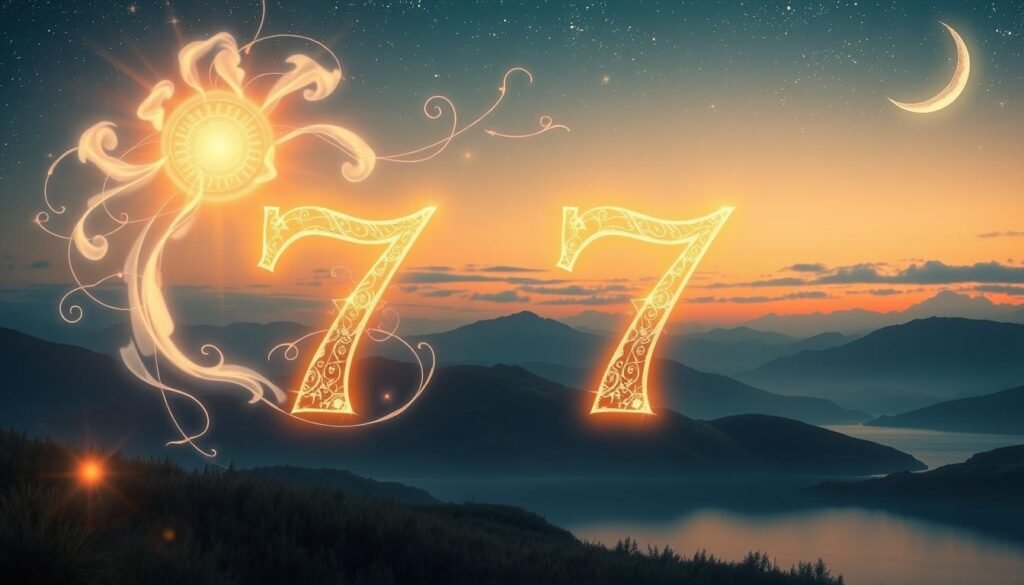 A serene and ethereal composition centered around the number 777, glowing softly in the foreground, embellished with intricate celestial patterns. Surrounding the number, gentle wisps of clouds and faint light beams symbolize luck and spiritual guidance. In the middle ground, a tranquil landscape of rolling hills and a calm lake reflects the ethereal light of the number, suggesting harmony and balance. The background features a twilight sky filled with twinkling stars and a crescent moon, enhancing the mystical atmosphere. The lighting should be soft and diffused, creating a soothing yet uplifting mood, reminiscent of a serene evening. The image captures the significance of 777 as a lucky number, evoking feelings of hope, positivity, and divine connection, without any text or distractions.