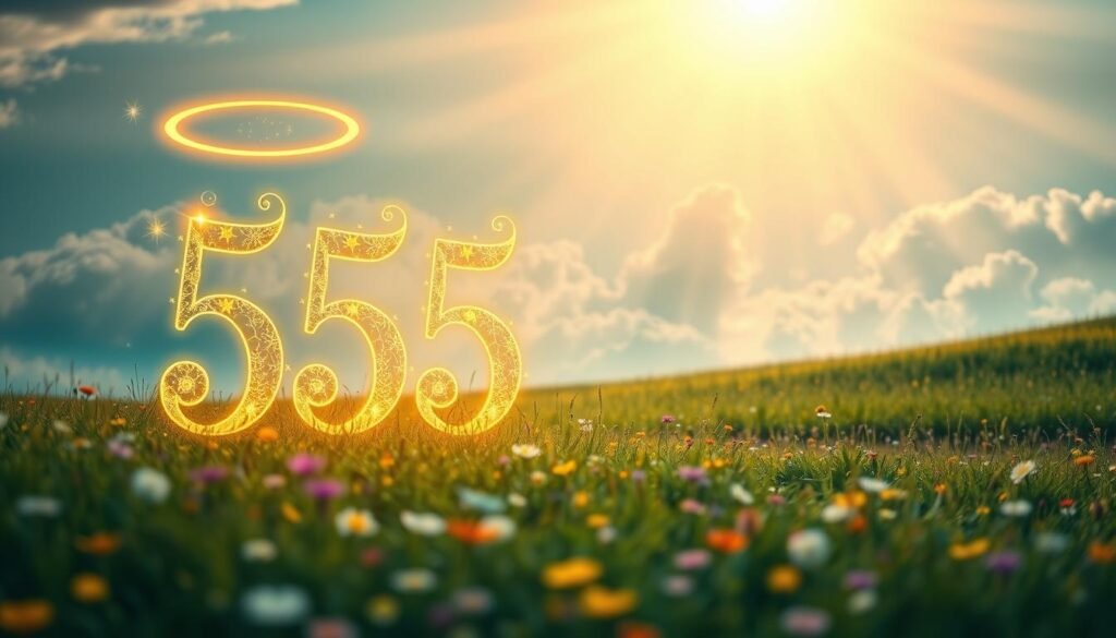A serene and ethereal landscape showcasing the concept of the angel number 555. In the foreground, depict glowing golden numerals '555' adorned with intricate celestial patterns and soft, luminescent halos. The middle ground features a tranquil meadow filled with vibrant wildflowers under a bright sky, symbolizing growth and transformation. In the background, ethereal clouds gently float, with soft rays of sunlight breaking through, casting a warm, inviting glow over the scene. The overall mood is uplifting and hopeful, suggesting change and new beginnings. Use soft focus for the background to enhance depth, and apply a golden hour lighting effect to create a magical atmosphere, making the image not only visually appealing but also spiritually resonant.
