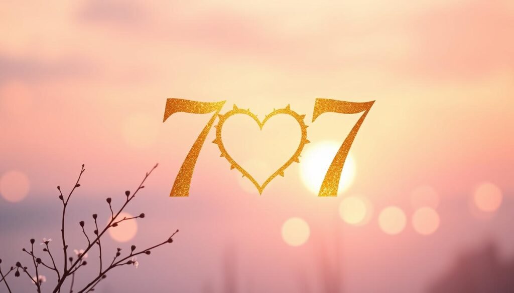 A serene and ethereal scene centered around the angel number 777, elegantly displayed in shimmering gold against a softly blurred background of warm pastel colors, evoking a sense of love and positivity. In the foreground, a symbol of a heart intertwined with delicate vines, representing growth and connection in love. The middle ground features a tranquil setting with glowing orbs of light gently floating, suggesting divine guidance. In the background, a soft gradient of pinks and purples blends harmoniously, creating an uplifting and peaceful atmosphere. The lighting is soft and dreamy, reminiscent of a sunset, with a gentle focus that invites introspection and hope. The composition should feel balanced and harmonious, capturing the significance of 777 in the context of love and relationships, inspiring feelings of trust and encouragement.