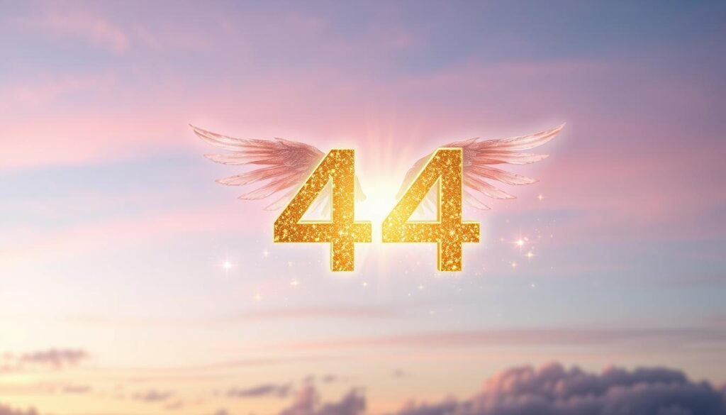A serene and ethereal scene depicting the angel number 444, surrounded by soft, glowing light and subtle sparkles, representing protection and guidance. In the foreground, the number 444 is artistically rendered in shimmering gold, with gentle rays of light emanating from it. The middle layer features delicate angelic wings that softly envelop the number, symbolizing divine presence. In the background, a tranquil sky transitions from dusk to dawn, with soft pastel colors of pink, blue, and lavender, suggesting a sense of peace and hope. The atmosphere is calm and uplifting, with a mystical glow enhancing the overall feeling of spiritual significance. Use a soft focus lens with balanced lighting to create a dreamlike quality, inviting viewers to connect with the energy of the number.