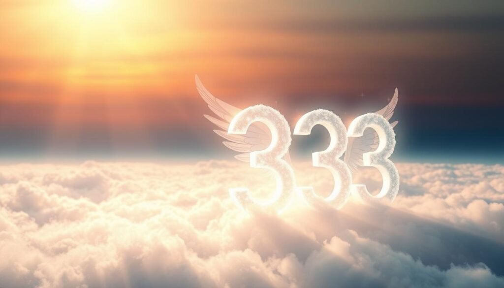 A serene and ethereal scene featuring the angel number 333 prominently displayed in soft, glowing light. In the foreground, the number 333 appears crafted from delicate, shimmering clouds or ethereal light, radiating a sense of peace and positivity. The middle ground includes abstract representations of angelic features, such as soft wings emerging from light beams that intertwine around the numbers. In the background, a tranquil sky transitions from warm sunset hues of orange and pink to deep blues, suggesting a tranquil and spiritual atmosphere. The lighting should be soft and harmonious, creating an uplifting mood, with gentle lens flare effects adding to the mystical ambiance. The overall composition evokes feelings of luck and divine guidance, capturing the significance of angel number 333 in a visually captivating manner. A serene and ethereal scene featuring the angel number 333 prominently displayed in soft, glowing light. In the foreground, the number 333 appears crafted from delicate, shimmering clouds or ethereal light, radiating a sense of peace and positivity. The middle ground includes abstract representations of angelic features, such as soft wings emerging from light beams that intertwine around the numbers. In the background, a tranquil sky transitions from warm sunset hues of orange and pink to deep blues, suggesting a tranquil and spiritual atmosphere. The lighting should be soft and harmonious, creating an uplifting mood, with gentle lens flare effects adding to the mystical ambiance. The overall composition evokes feelings of luck and divine guidance, capturing the significance of angel number 333 in a visually captivating manner.
