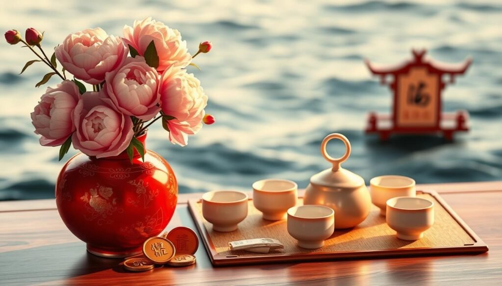 A serene and harmonious composition highlighting the significance of the number 6 in Chinese culture. In the foreground, feature a decorative red vase filled with blooming peonies and six traditional Chinese coins, symbolizing prosperity and smooth sailing. In the middle, display an elegant tea table set with fine porcelain teacups, and a backdrop of gentle waves, evoking a sense of tranquility and flow. Use soft, warm lighting, emphasizing the rich reds and golds often associated with good fortune. Capture this scene from a slightly elevated angle, allowing the viewer to connect with the depth and cultural richness of the setting. The atmosphere should feel peaceful and auspicious, inviting contemplation on the importance of lucky numbers in daily life.