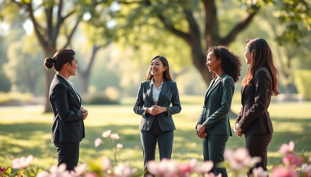 A serene and harmonious scene depicting the personality traits associated with the number 2. In the foreground, a diverse group of three individuals, dressed in professional business attire, stands in a circle, engaged in a warm and friendly conversation. They exhibit traits of diplomacy, cooperation, and empathy, with warm smiles and open body language. The middle ground features soft, pastel-colored flora, symbolizing peace and balance, along with subtle geometric shapes representing duality and partnership. The background is a blurred landscape of a calm park with gentle sunlight filtering through leafy trees, creating a tranquil atmosphere. Use soft, natural lighting to evoke a comforting mood, focusing on a gentle depth of field to draw attention to the individuals while keeping the environment inviting and harmonious.