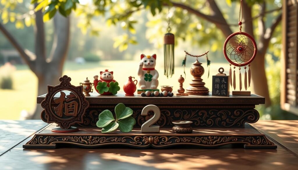 A serene and harmonious scene illustrating the concept of lucky numbers across various cultures. In the foreground, a beautifully ornate table displays symbolic representations of the number 2, such as a double happiness symbol from Chinese culture and two four-leaf clovers from Irish folklore, crafted with intricate details. In the middle ground, diverse cultural artifacts are artistically arranged, including a Japanese maneki-neko beckoning in luck and a Native American dreamcatcher. The background features a soft, blurred landscape that hints at a peaceful garden setting with gentle lighting creating a warm, inviting atmosphere. Natural sunlight filters through leafy trees, casting dappled shadows on the table. The image should evoke a sense of curiosity and cultural richness, inviting viewers to appreciate the significance of lucky numbers.