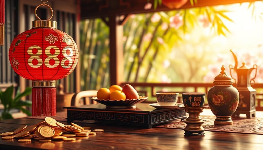 A serene and harmonious scene reflecting the significance of 888 in Chinese culture. Foreground: A beautifully decorated Chinese red lantern marked with the number 888, surrounded by vibrant golden coins symbolizing prosperity. Middle ground: A traditional wooden table adorned with intricate patterns, featuring a plate of auspicious fruits and an ornate tea set that suggests celebration and good fortune. Background: A blurred view of a lush Chinese garden with bamboo and cherry blossom trees, hinting at tranquility. Soft, warm lighting creates an inviting atmosphere, with sunlight filtering through the leaves, giving a golden hue to the scene. The composition should evoke feelings of wealth, happiness, and cultural significance, capturing the essence of the number 888 as a fortunate symbol in Chinese tradition. Use a slightly elevated angle for a comprehensive view. A serene and harmonious scene reflecting the significance of 888 in Chinese culture. Foreground: A beautifully decorated Chinese red lantern marked with the number 888, surrounded by vibrant golden coins symbolizing prosperity. Middle ground: A traditional wooden table adorned with intricate patterns, featuring a plate of auspicious fruits and an ornate tea set that suggests celebration and good fortune. Background: A blurred view of a lush Chinese garden with bamboo and cherry blossom trees, hinting at tranquility. Soft, warm lighting creates an inviting atmosphere, with sunlight filtering through the leaves, giving a golden hue to the scene. The composition should evoke feelings of wealth, happiness, and cultural significance, capturing the essence of the number 888 as a fortunate symbol in Chinese tradition. Use a slightly elevated angle for a comprehensive view.