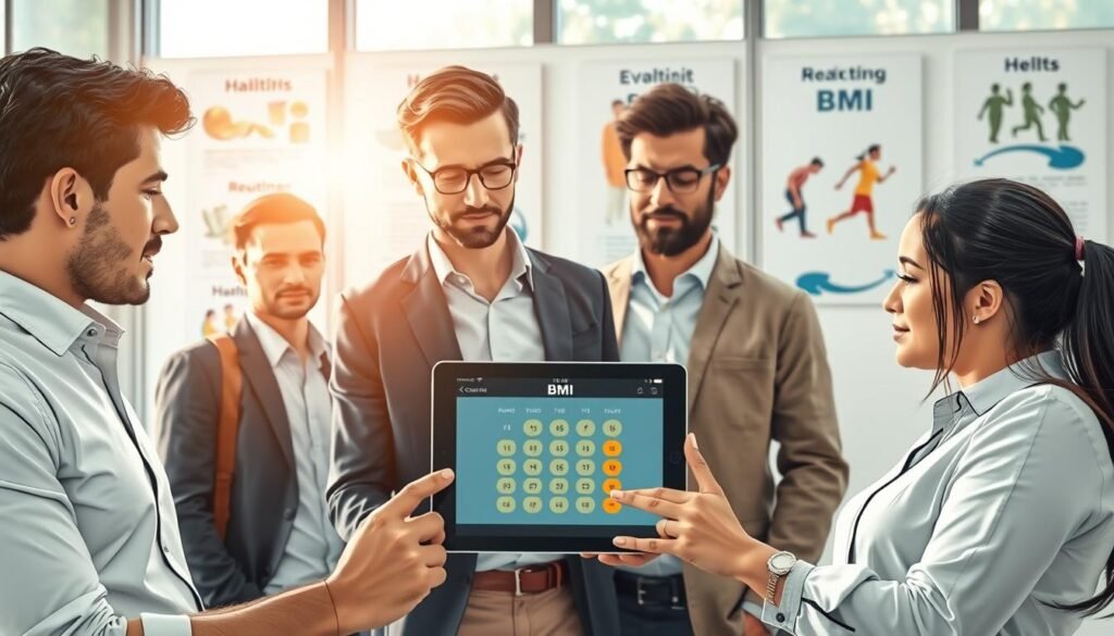 A serene and informative scene depicting the importance of tracking BMI for health. In the foreground, a diverse group of three professionals—two men and one woman—are gathered around a modern tablet showing a BMI calculator app, all dressed in smart casual clothing. The middle layer features posters on the wall illustrating healthy eating habits and exercise routines. In the background, natural light filters in through large windows, creating a bright and uplifting atmosphere. The overall mood conveys motivation and awareness, with soft focus on the background to emphasize the group’s interaction with the technology. The angle should be slightly elevated, capturing both the individuals and the BMI tracker clearly, making it visually engaging and informative. A serene and informative scene depicting the importance of tracking BMI for health. In the foreground, a diverse group of three professionals—two men and one woman—are gathered around a modern tablet showing a BMI calculator app, all dressed in smart casual clothing. The middle layer features posters on the wall illustrating healthy eating habits and exercise routines. In the background, natural light filters in through large windows, creating a bright and uplifting atmosphere. The overall mood conveys motivation and awareness, with soft focus on the background to emphasize the group’s interaction with the technology. The angle should be slightly elevated, capturing both the individuals and the BMI tracker clearly, making it visually engaging and informative.