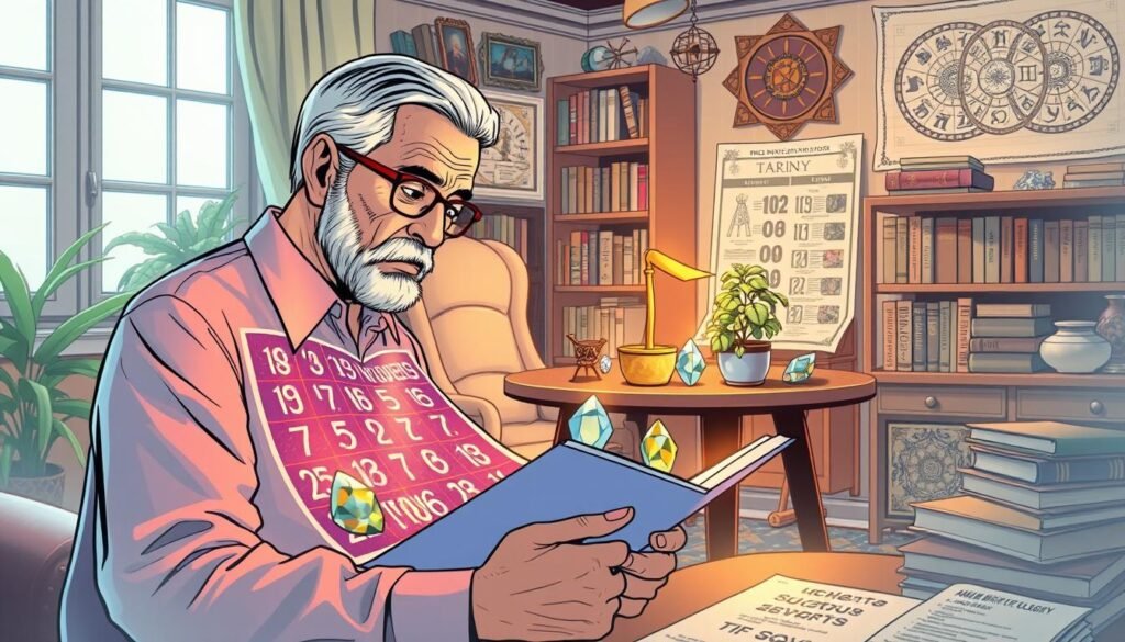 A serene and inspiring composition depicting the concept of lucky numbers and their significance in life. In the foreground, a wise, middle-aged person in professional attire, examining a vibrant number chart, their face illuminated with curiosity. In the middle, a table adorned with numerology symbols, such as number stones and crystals, surrounded by plants representing growth and prosperity. Soft, warm lighting filters through a nearby window, creating a glow that enhances the sense of wonder. The background showcases a cozy study filled with books on numerology, mystical artworks, and charts, evoking an atmosphere of exploration and wisdom. The scene conveys a balanced mood of intrigue and positivity, inviting viewers to reflect on their own lucky numbers.