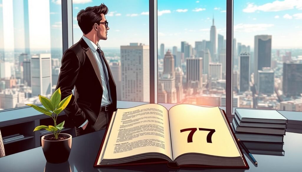 A serene and inspiring office environment, featuring a confident person in professional business attire, standing at a large window overlooking a bustling city. The individual is gazing thoughtfully toward the horizon, symbolizing career direction and purpose. In the foreground, a sleek desk with a small plant and an open journal, where the number "77" is prominently featured on a page, illuminated by soft, warm lighting. The middle ground includes shelves with books on personal development and career growth. In the background, the city skyline under a bright blue sky reflects a feeling of opportunity and ambition. The image should convey a mood of determination and clarity, with a shallow depth of field that keeps the focus on the individual and their aspirations. A serene and inspiring office environment, featuring a confident person in professional business attire, standing at a large window overlooking a bustling city. The individual is gazing thoughtfully toward the horizon, symbolizing career direction and purpose. In the foreground, a sleek desk with a small plant and an open journal, where the number "77" is prominently featured on a page, illuminated by soft, warm lighting. The middle ground includes shelves with books on personal development and career growth. In the background, the city skyline under a bright blue sky reflects a feeling of opportunity and ambition. The image should convey a mood of determination and clarity, with a shallow depth of field that keeps the focus on the individual and their aspirations.