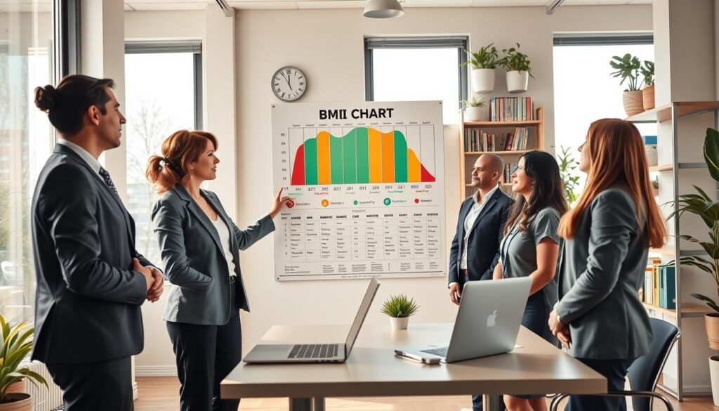 A serene and inviting healthcare setting featuring a diverse group of professionals in business attire, attentively analyzing a large BMI chart displayed on a wall. In the foreground, a middle-aged woman points to the chart, illustrating the various weight categories like underweight, healthy, overweight, and obese, all represented with clear, easy-to-understand graphics. The middle ground contains a modern desk with a laptop open to a BMI calculator, surrounded by bright, natural light streaming through large windows, creating an atmosphere of wellness and clarity. In the background, shelves filled with health books and potted plants add an inviting touch. The camera angle is slightly upward, focusing on the engaged expressions of the professionals, conveying an atmosphere of collaboration and education.
