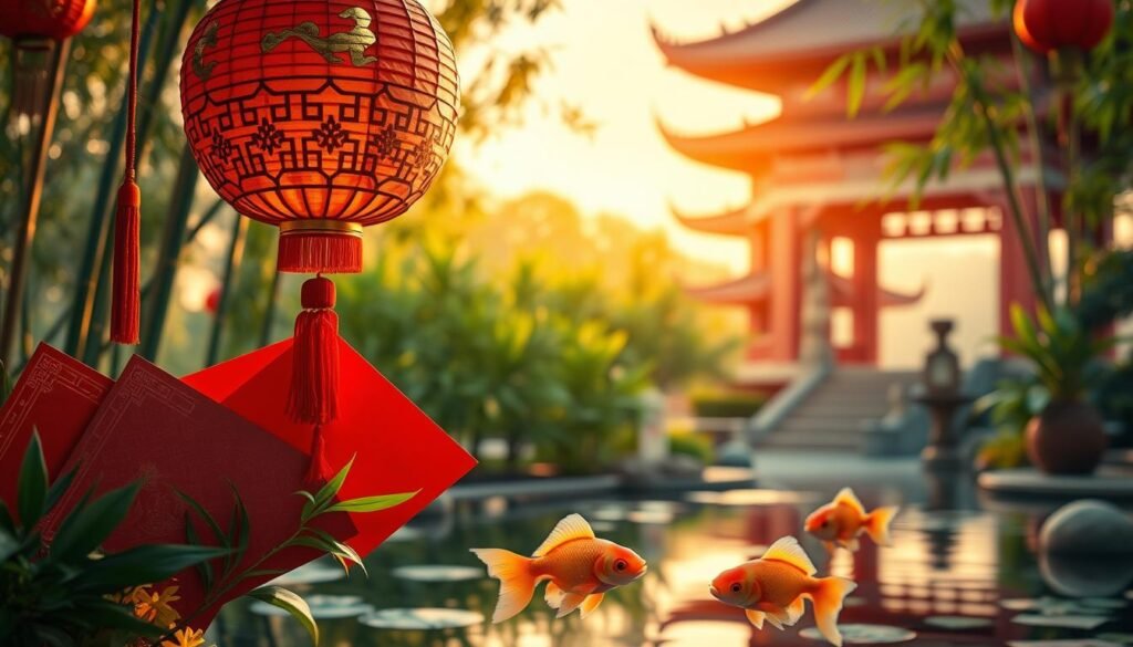 A serene and inviting scene depicting elements of Chinese culture that relate to the number three. In the foreground, an intricately designed Chinese lantern, symbolizing good fortune, hangs gracefully. Surrounding it are three vibrant red envelopes, traditionally used for giving money during festivities, arranged artistically. In the middle ground, a tasteful bamboo garden with soft, lush greenery brings life to the composition, while three delicate goldfish swim peacefully in a nearby pond, representing prosperity. The background features a traditional Chinese pagoda, subtly blurred, bathed in warm golden hour lighting that casts gentle shadows. The mood is harmonious and reflective, evoking a sense of cultural significance tied to the number three, inviting contemplation on luck and tradition. The scene is captured from a slightly elevated angle to enhance depth, with a focus on warm, vibrant colors.