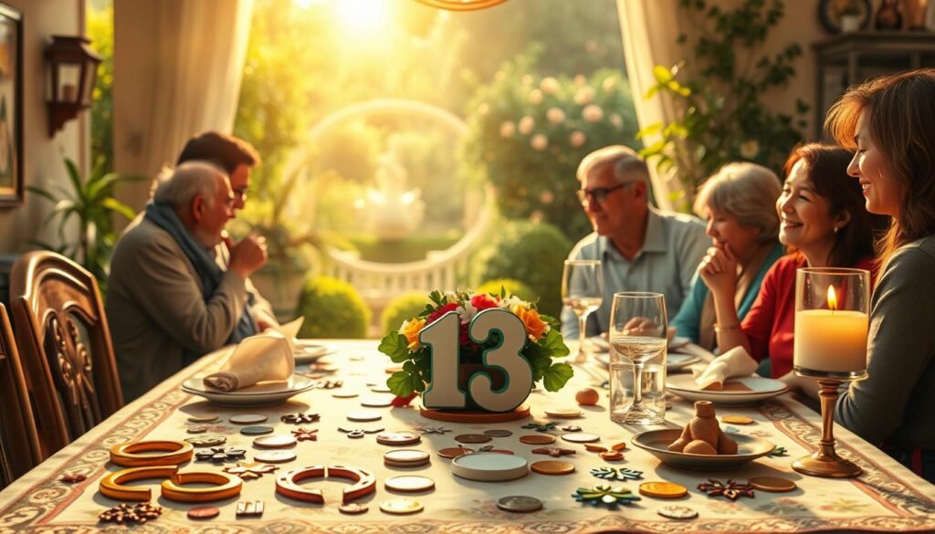 A serene and inviting scene depicting various positive traditions surrounding the number 13. In the foreground, a beautifully set table adorned with 13 vibrant, hand-painted lucky charms and symbols from different cultures, such as horseshoes, coins, and clovers. In the middle, a warm and comforting atmosphere with family and friends gathered, dressed in modest casual clothing, joyfully engaging in conversation and sharing stories about their lucky encounters with the number 13. In the background, a soft-focus view of a lush garden, symbolizing growth and good fortune, bathed in warm golden sunlight that creates a glowing ambiance. The overall mood is one of celebration and positivity, inviting viewers to appreciate the cultural significance of the number 13 as a harbinger of good luck. A serene and inviting scene depicting various positive traditions surrounding the number 13. In the foreground, a beautifully set table adorned with 13 vibrant, hand-painted lucky charms and symbols from different cultures, such as horseshoes, coins, and clovers. In the middle, a warm and comforting atmosphere with family and friends gathered, dressed in modest casual clothing, joyfully engaging in conversation and sharing stories about their lucky encounters with the number 13. In the background, a soft-focus view of a lush garden, symbolizing growth and good fortune, bathed in warm golden sunlight that creates a glowing ambiance. The overall mood is one of celebration and positivity, inviting viewers to appreciate the cultural significance of the number 13 as a harbinger of good luck.